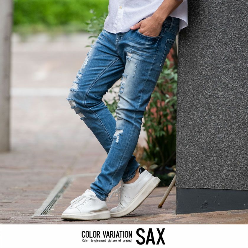 CavariA【キャバリア】ダメージ加工ストレッチスキニーデニムパンツ/全