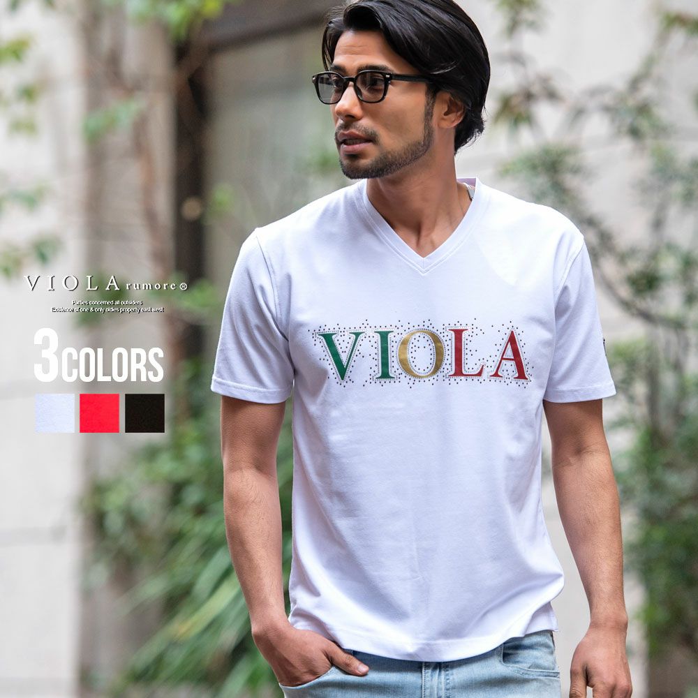 SALE】VIOLA【ヴィオラ】ステッチ天竺ラインストーンプリントVネック