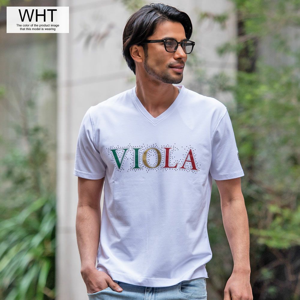 SALE】VIOLA【ヴィオラ】ステッチ天竺ラインストーンプリントVネック