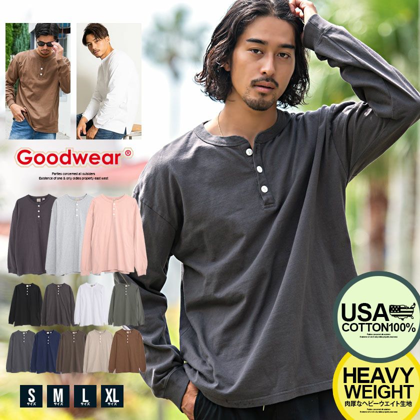 Goodwear【グッドウェア】USAコットンヘンリーネック長袖Tシャツ/全12