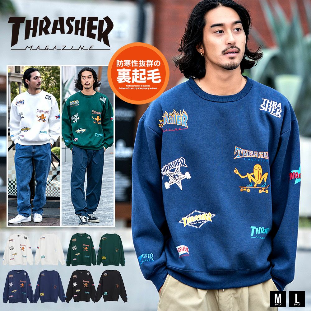 THRASHER【スラッシャー】総柄プリント＆刺繍C/N長袖/全4色スウェット