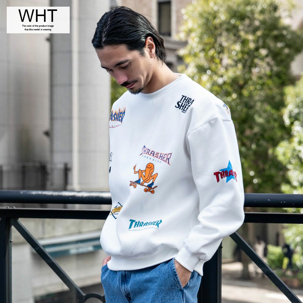 THRASHER - M 80s THRASHER スウェット トレーナー FRUIT 白 USA製 THRASHER【スラッシャー】総柄プリント＆刺繍C/N長袖/全4色スウェット