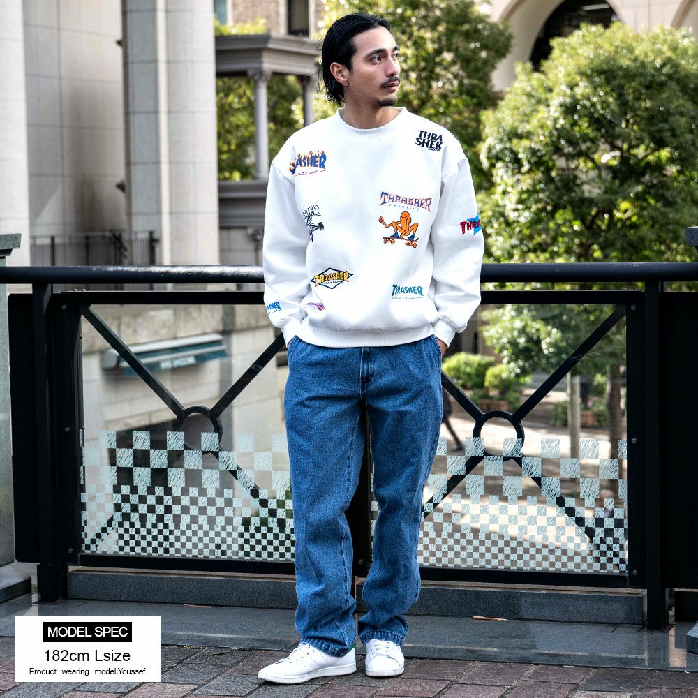 THRASHER【スラッシャー】総柄プリント＆刺繍C/N長袖/全4色スウェット