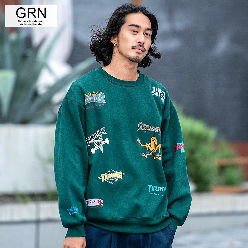 THRASHER【スラッシャー】総柄プリント＆刺繍C/N長袖/全4色スウェット