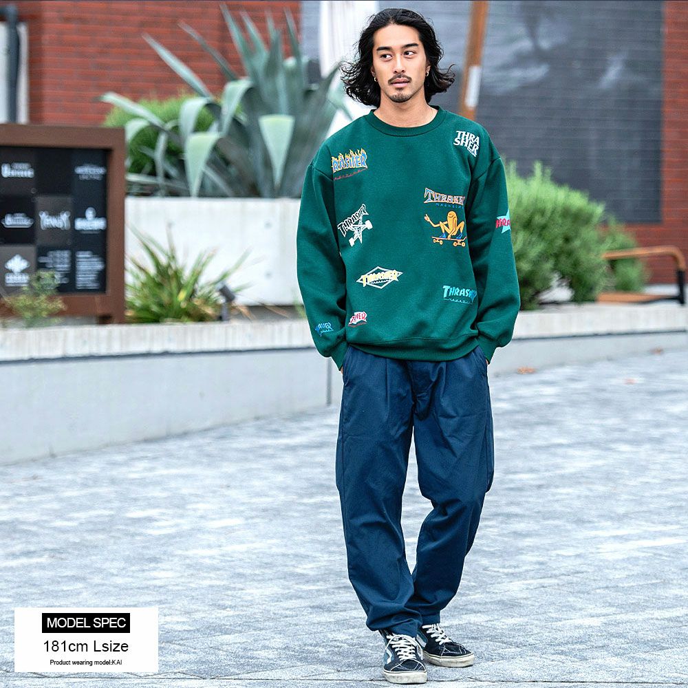 THRASHER【スラッシャー】総柄プリント＆刺繍C/N長袖/全4色スウェット