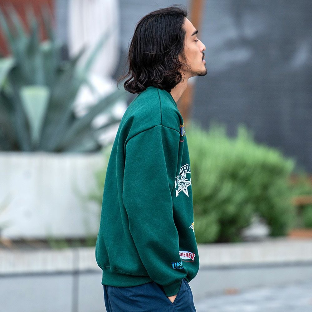 THRASHER【スラッシャー】総柄プリント＆刺繍C/N長袖/全4色スウェット
