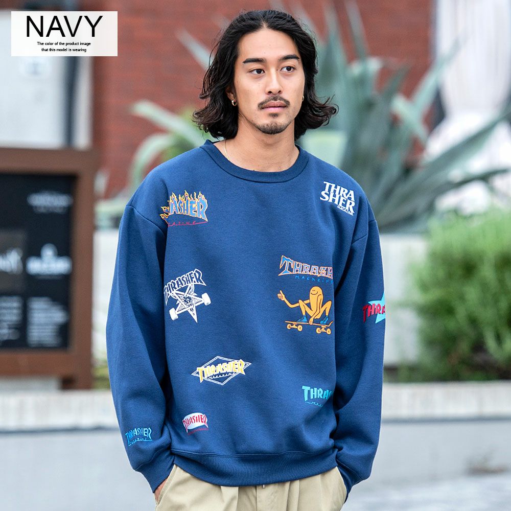 THRASHER【スラッシャー】総柄プリント＆刺繍C/N長袖/全4色スウェット