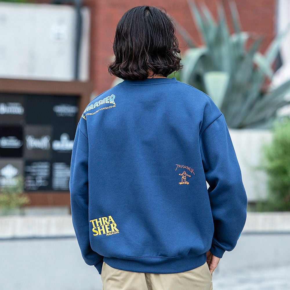 スラッシャー　セットアップ　ネイビー THRASHER【スラッシャー】総柄プリント＆刺繍C/N長袖/全4色スウェット