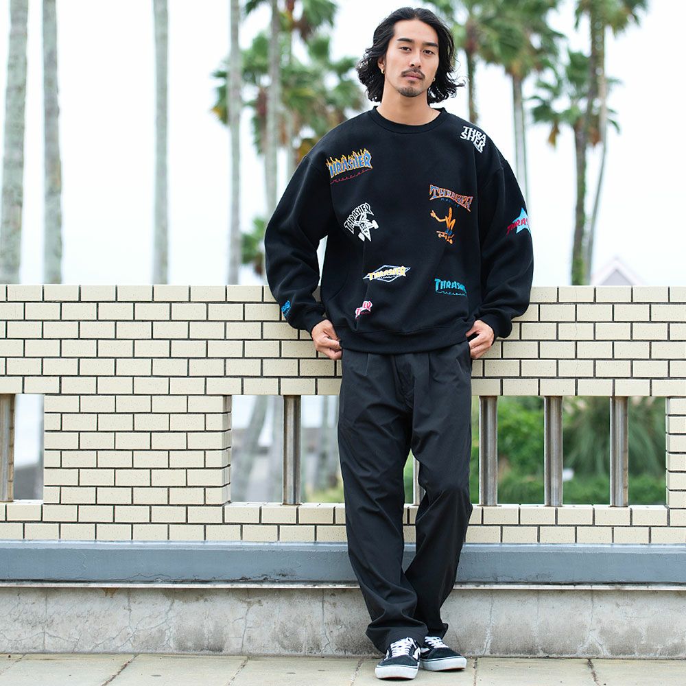 THRASHER【スラッシャー】総柄プリント＆刺繍C/N長袖/全4色スウェット