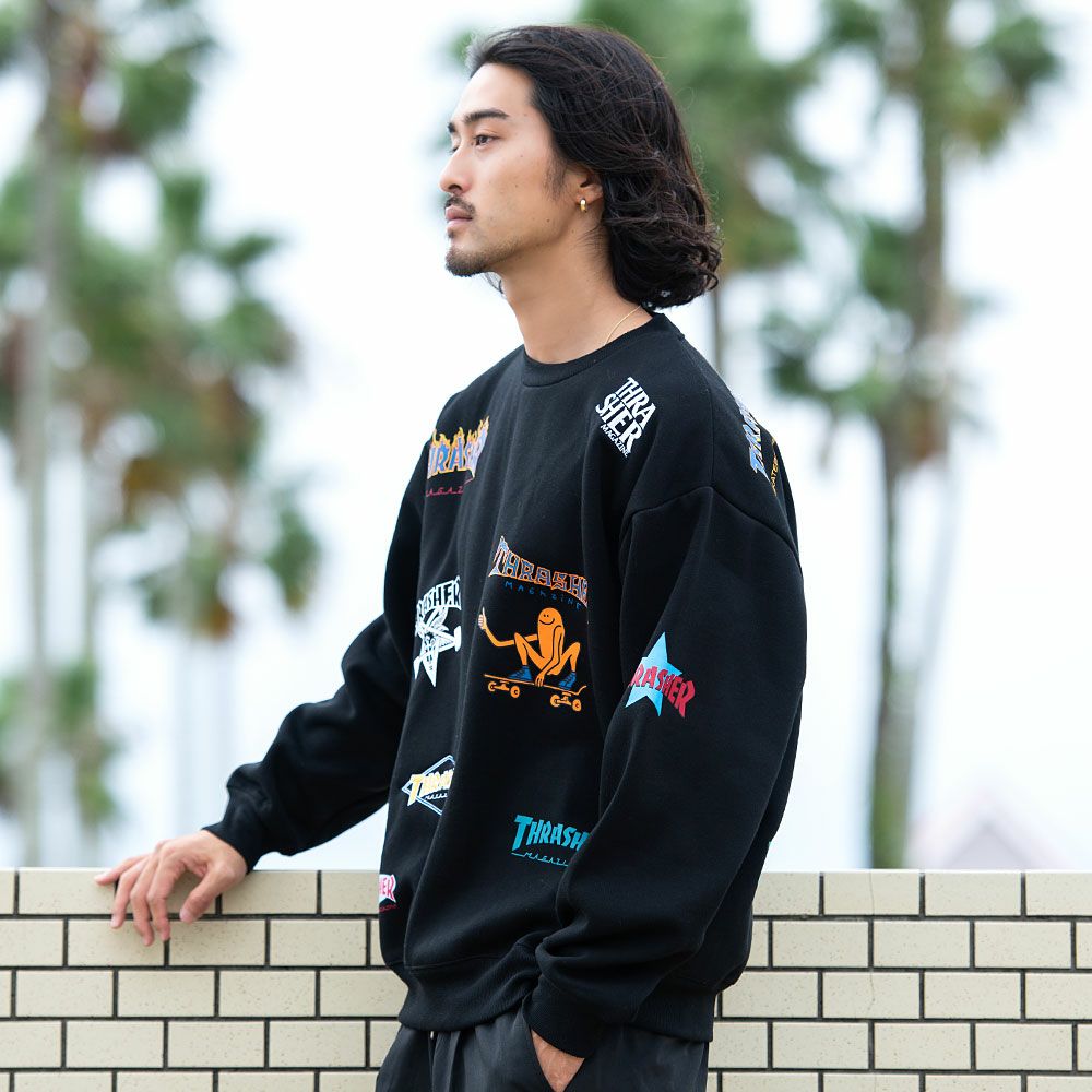 スラッシャー　セットアップ　ネイビー THRASHER【スラッシャー】総柄プリント＆刺繍C/N長袖/全4色スウェット