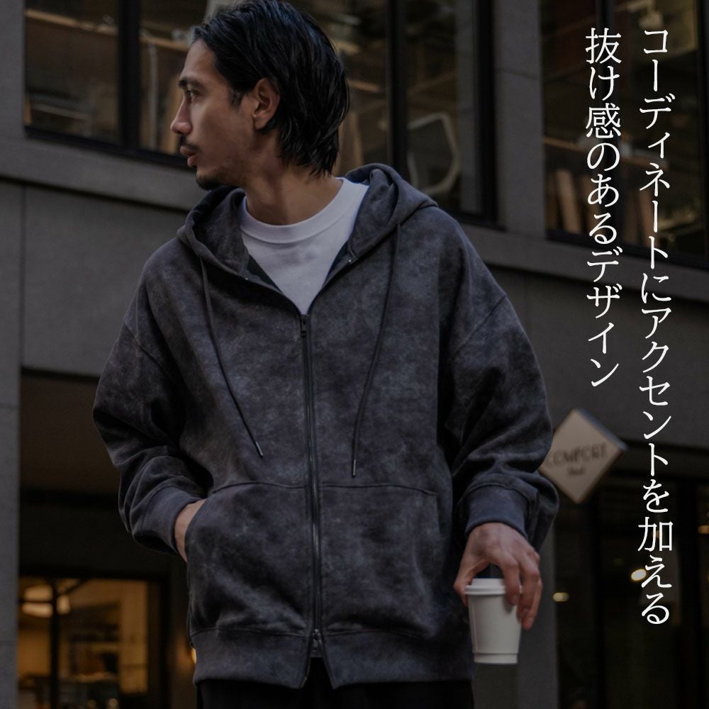 CavariA【キャバリア】ケミカル加工プリントZIP長袖パーカー/全3色