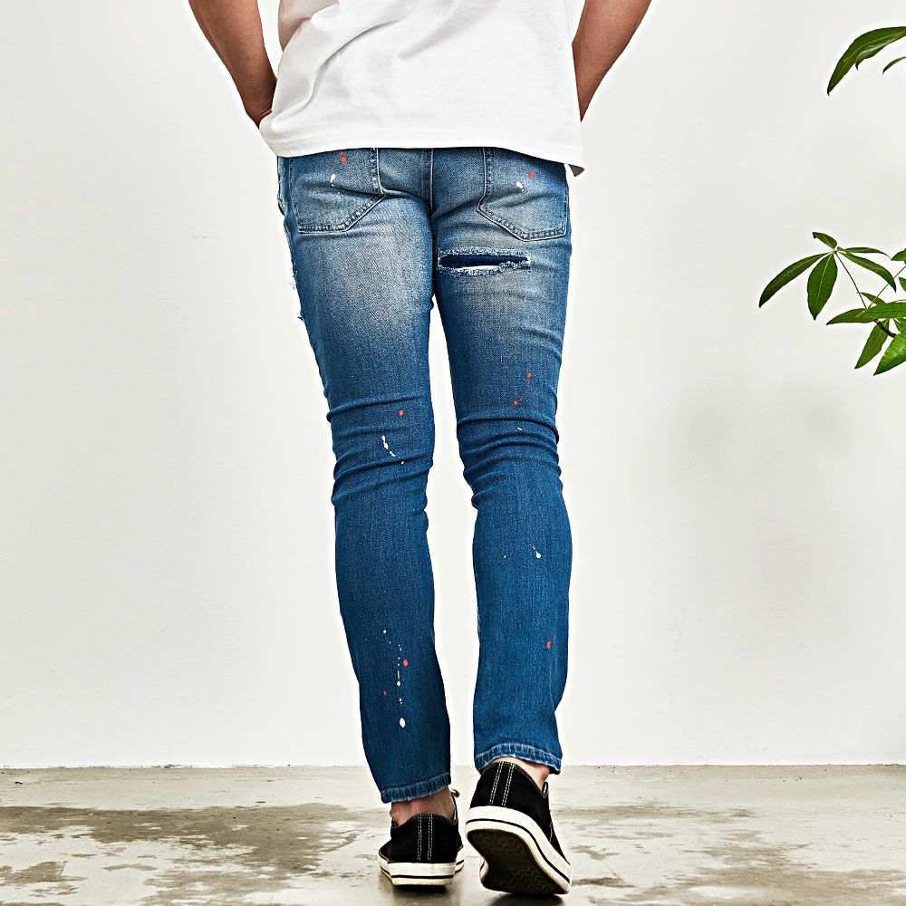 CavariA【キャバリア】ペンキ飛ばしダメージ加工リペアデニムパンツ/全