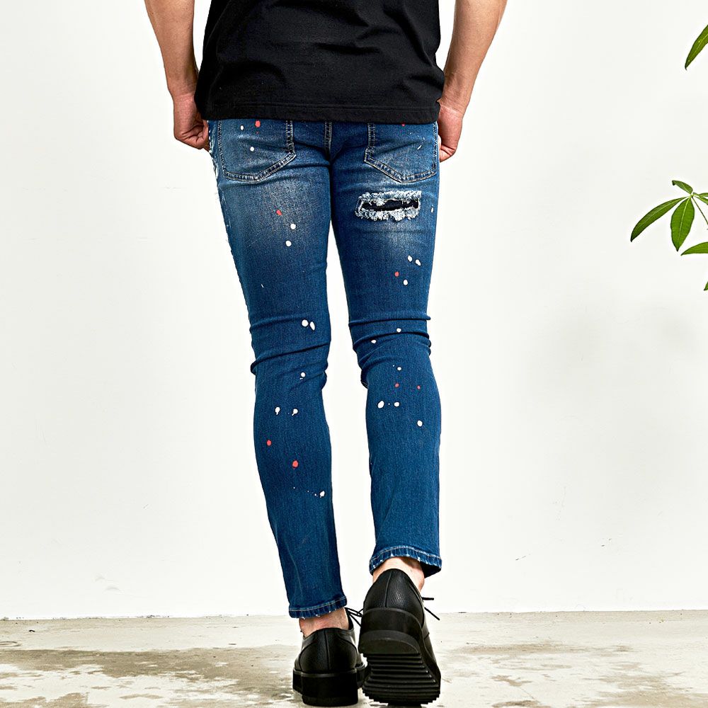 CavariA【キャバリア】ペンキ飛ばしダメージ加工リペアデニムパンツ/全