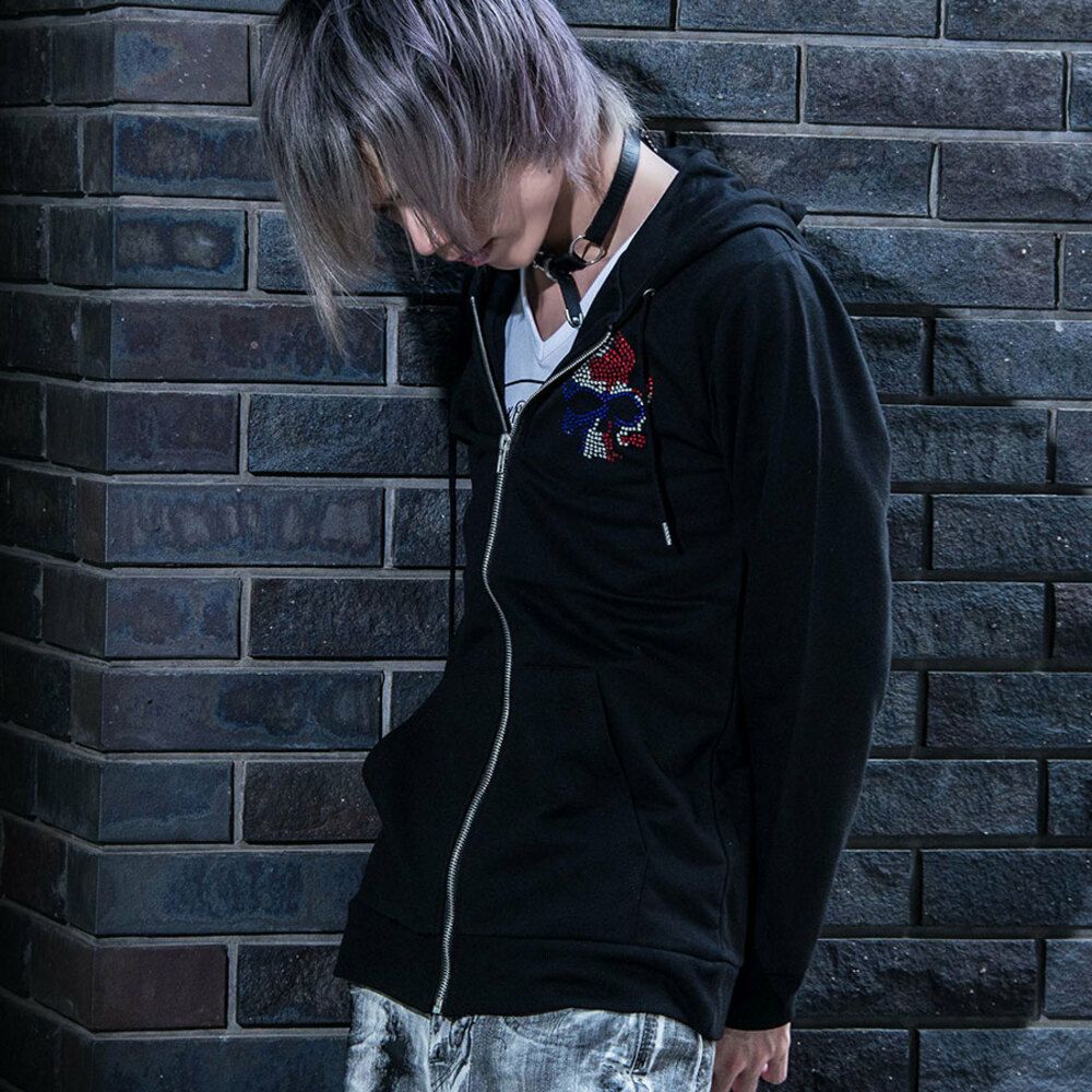 Bernings Sho【バーニングショー】スカル柄カラ―ラインストーンジップ