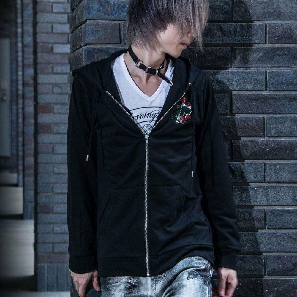 Bernings Sho スカルパーカー　お兄系 ギャル男y2k archive Bernings Sho【バーニングショー】スカル柄カラ―ラインストーンジップ