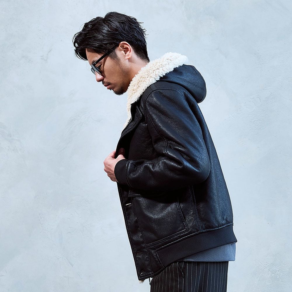 A'gem【エージェム】フード付き裏ボアPUレザージャケット/全1色