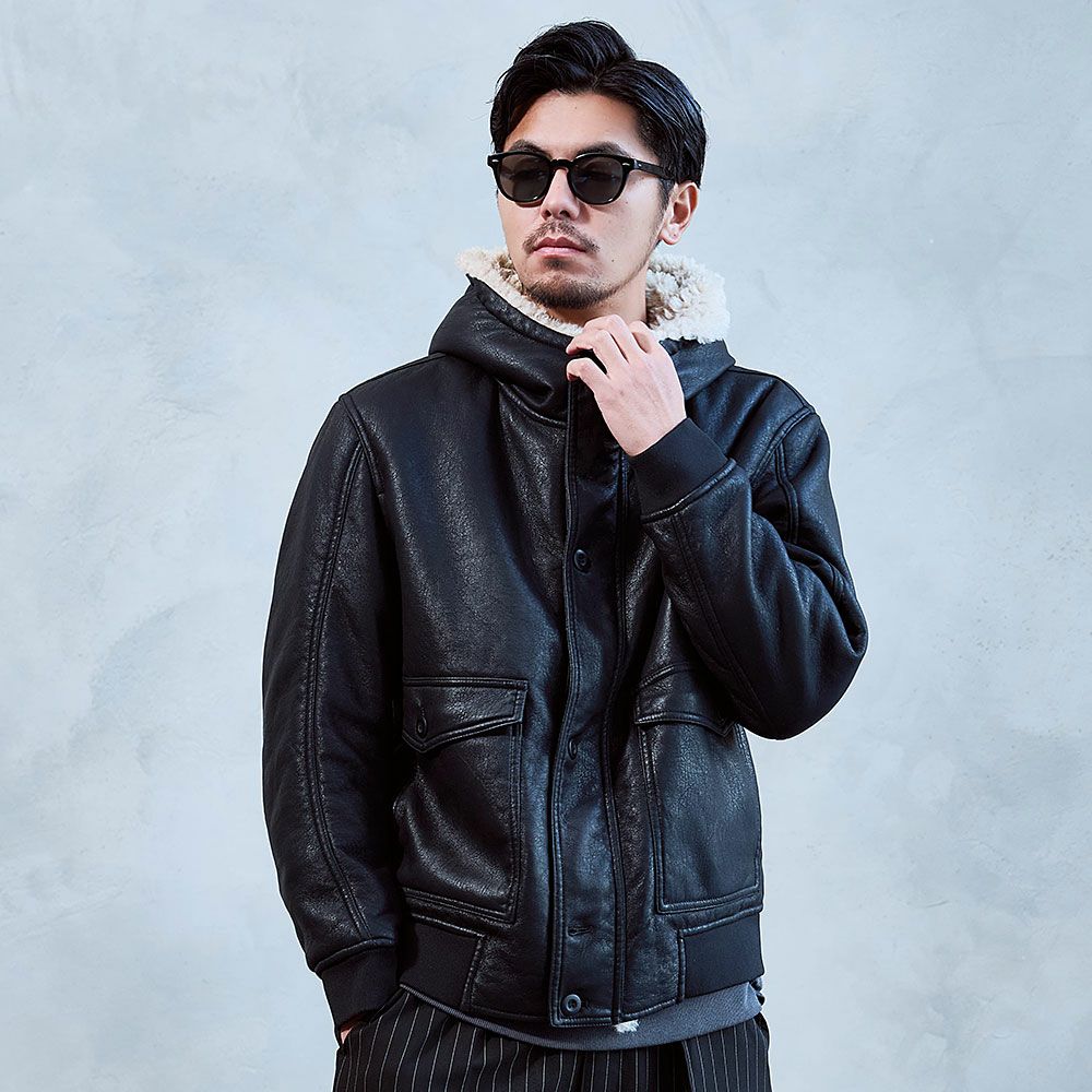 A'gem【エージェム】フード付き裏ボアPUレザージャケット/全1色