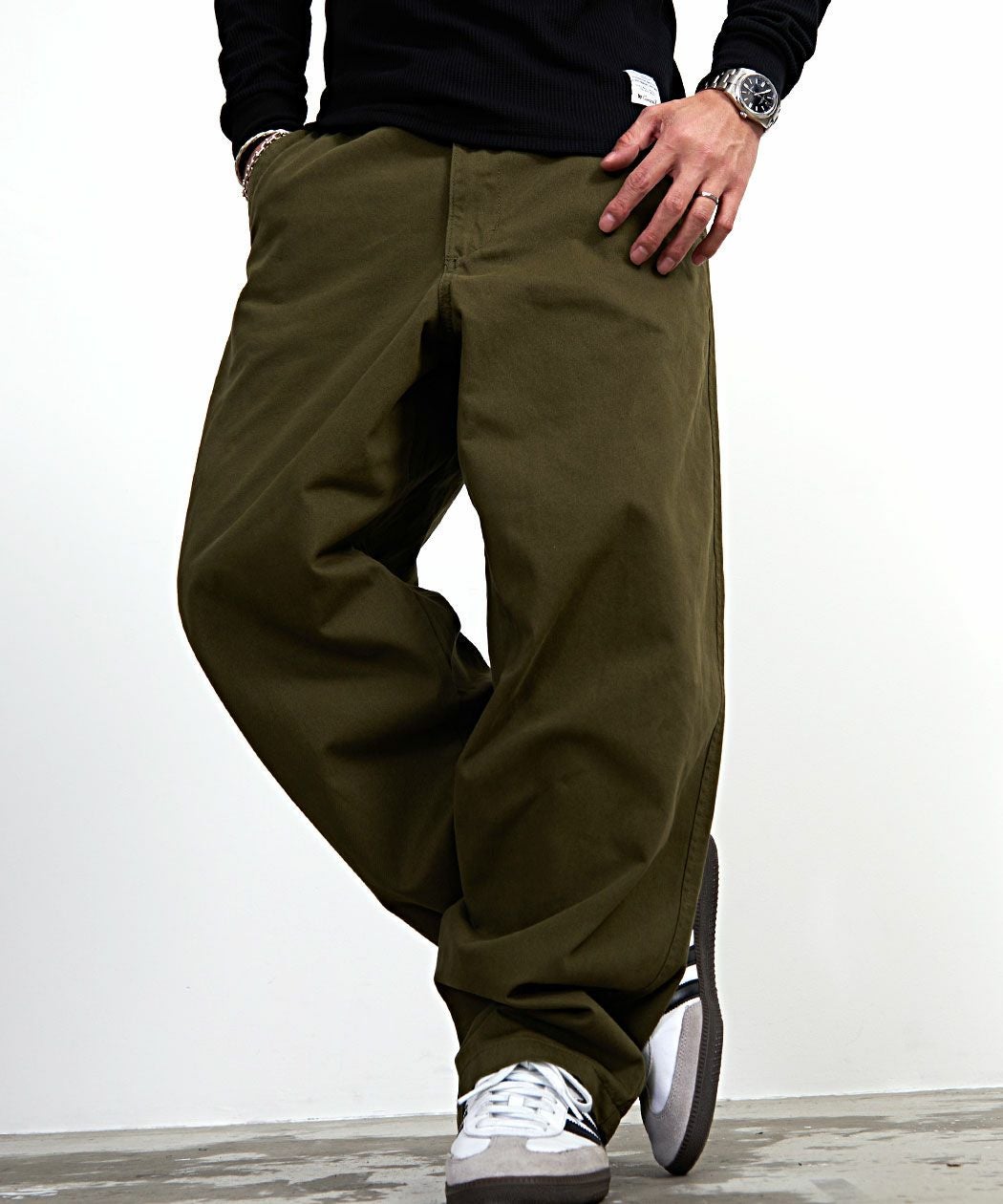 Hanes【ヘインズ】ワイドフィットノータックチノワイドパンツ/全3色