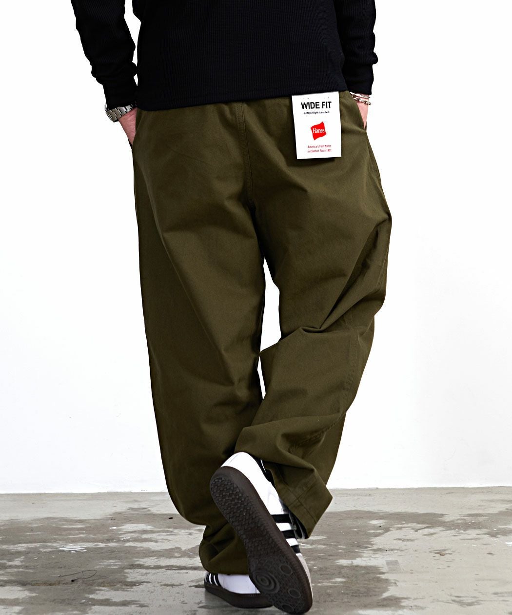 Hanes【ヘインズ】ワイドフィットノータックチノワイドパンツ/全3色