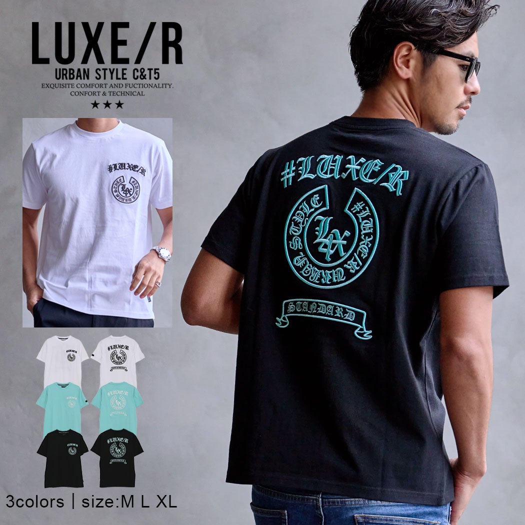 LUXE/R【ラグジュ】クルーネック アーチロゴデザインコード刺繍半袖Tシャツ/全3色
