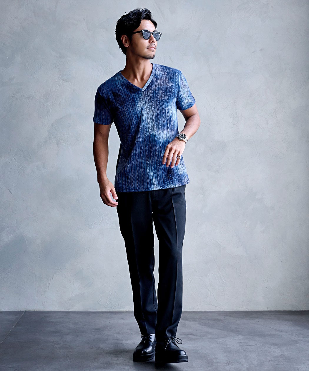 Bernings Sho【バーニングショー】タイダイヘリンボン半袖VネックTEE
