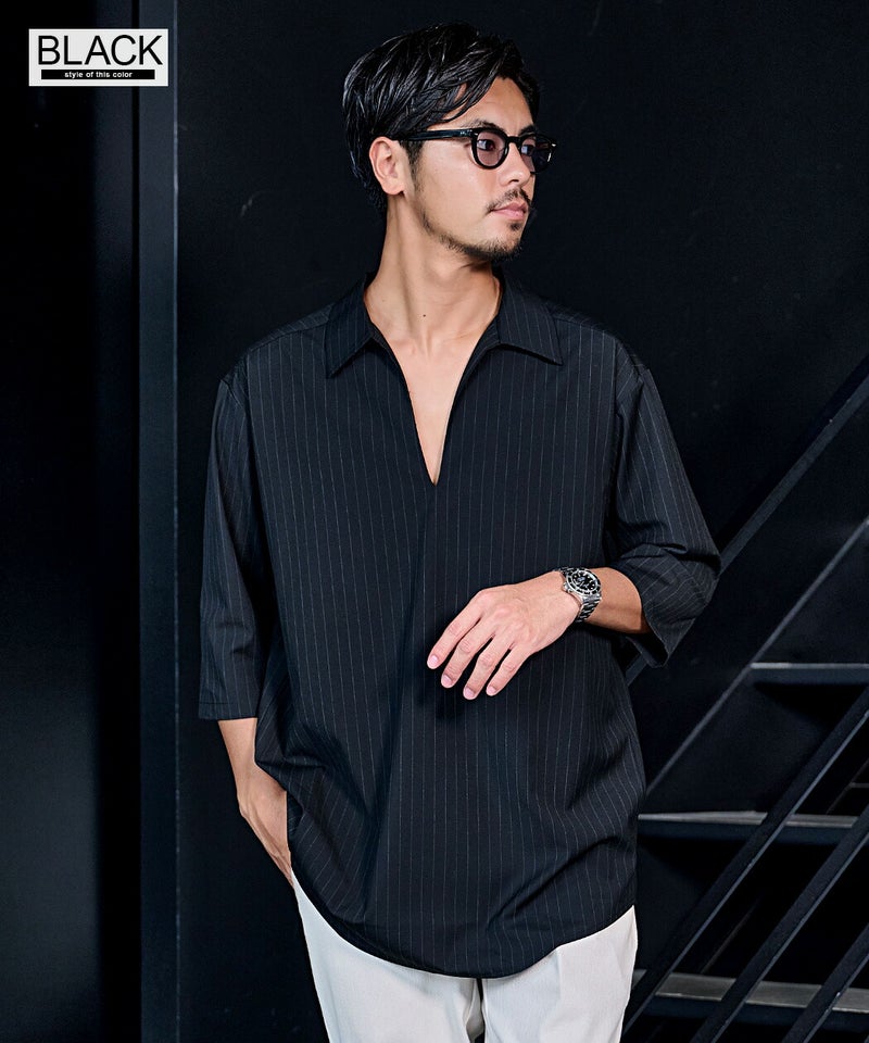 CavariA【キャバリア】T/R/Puストライプ素材 スキッパー7分袖POシャツ 