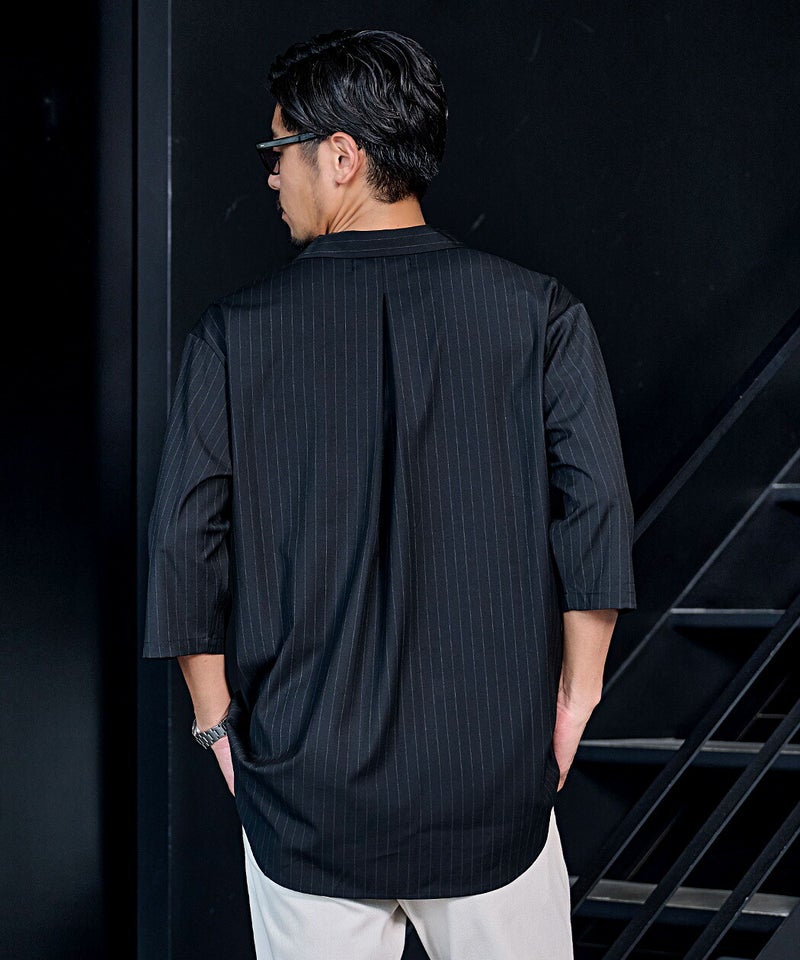 CavariA【キャバリア】T/R/Puストライプ素材 スキッパー7分袖POシャツ 