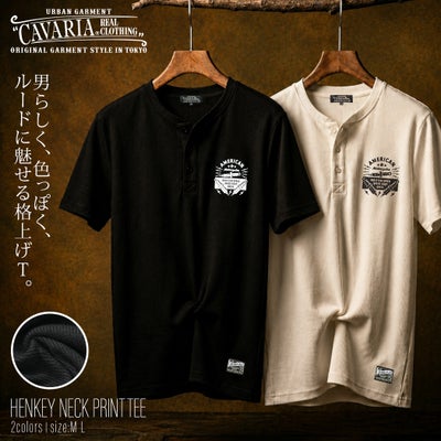 CavariA【キャバリア】スパンテレコプリントヘンリー半袖Tシャツ