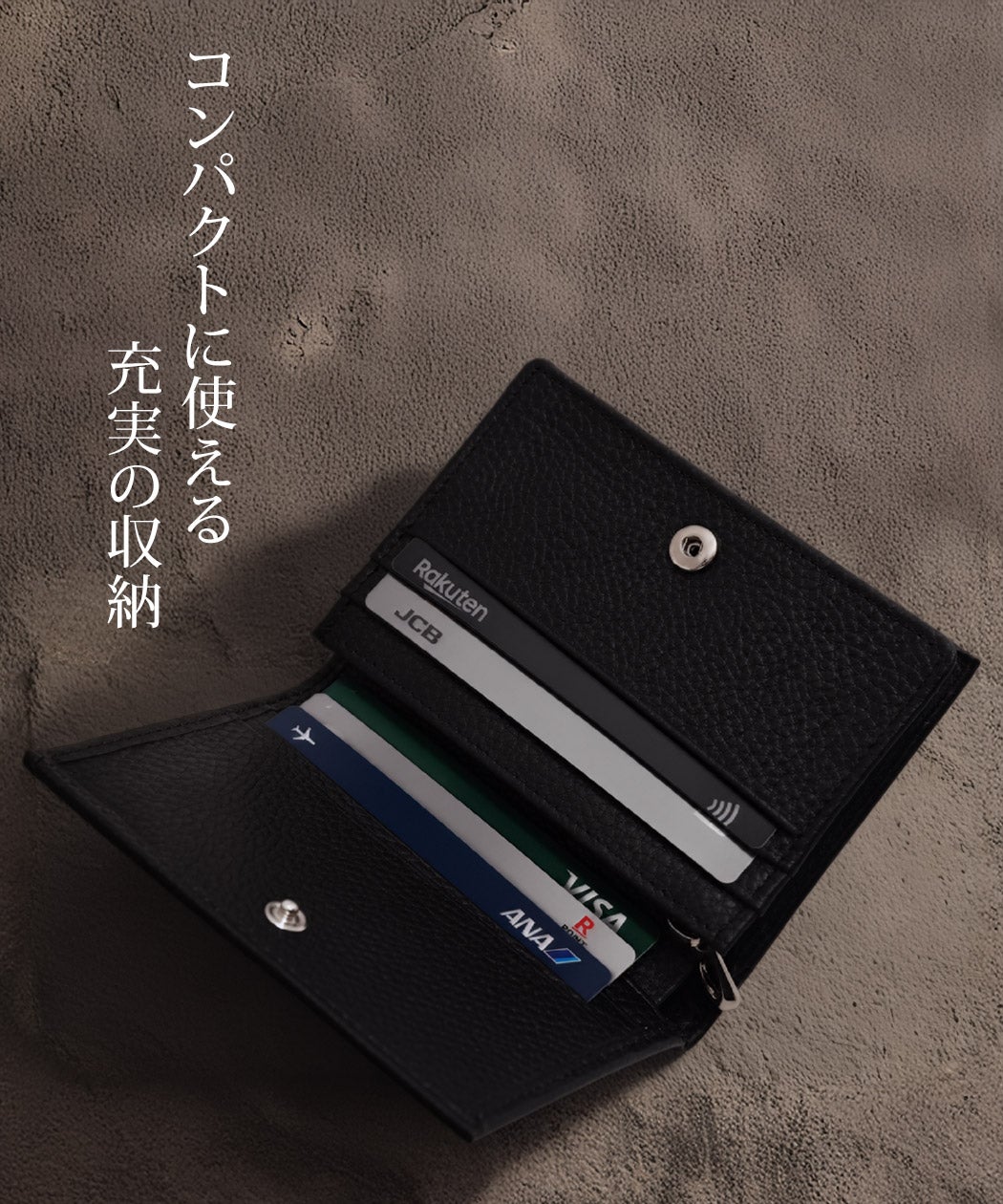 @　ショートウォレット シルバー925 フリーポケット付き　糸ブラック KOM 【ドットコム】本革二つ折りウォレット(側面クリアポケット付き